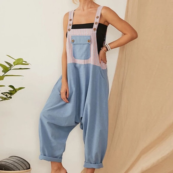 Cotton Linen Overalls Light Blue contrast - Picture 2 of 4